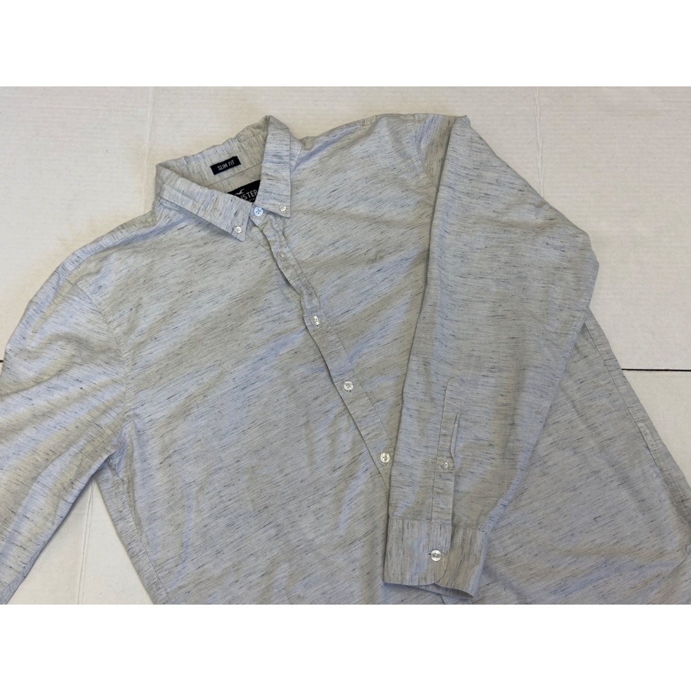 Hollister Mens Epic Flex Slim Fit Shirt XL Grey White Space Dye Button Down Long